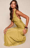 Olive Slinky Lankan Ruched Halterneck Dress