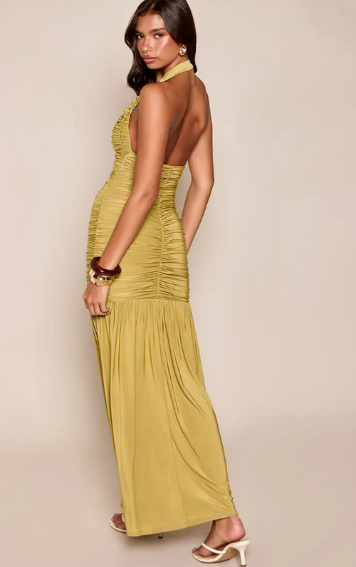 Olive Slinky Lankan Ruched Halterneck Dress